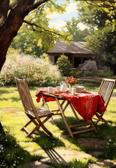 Two wooden chairs and a table with a red tablecloth and a tea set in a lush green garden with a cottage in the background