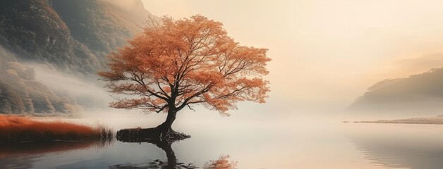 Poster - Solitary Tree in Mist by Serene Lake at Dawn