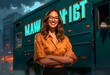 Smiling Businesswoman in Front of Her Food Truck, Teal and Bronze Ambiance, Expert Draftsmanship Meets Writer Academia