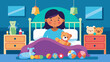 The hospital room is filled with a variety of beloved toys carefully arranged around the sleeping child in the bed.