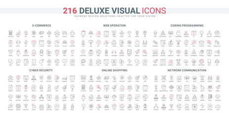 Cyber security of ecommerce, web services and mobile apps, algorithms line icons set. Augmented reality, growth and development of networks thin black and red outline symbols vector illustration
