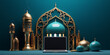 3D rendering of a laptop with an ornate gold and blue background in an Islamic style.