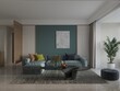 Mock up of a comfortable functional living room with a stylish modern sofa and trendy decorative background, 3D rendering.