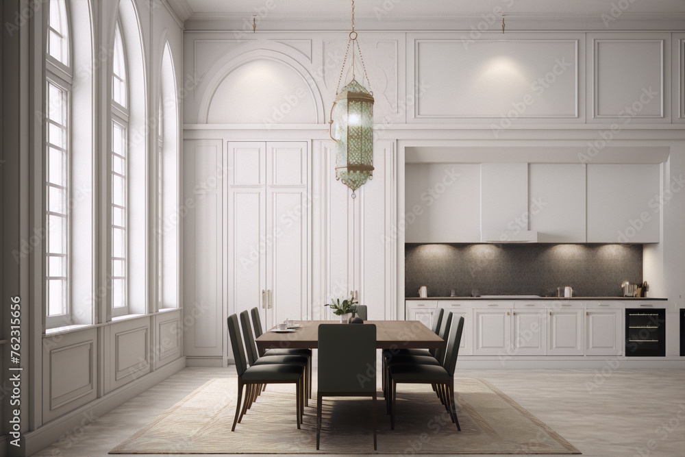 Luxury dining room interior with classic and modern elements, white ...