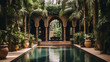 A photo of a beautiful Moroccan courtyard with a pool, greenery, and intricate architecture.