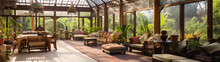 A Beautiful Sunroom With A Vaulted Ceiling, Large Windows, And Lots Of Plants. The Room Is Furnished With Comfortable Seating And A Dining Table. The Colors Are Warm And Inviting. The Style Is Eclect