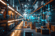 Futuristic Technology Retail Warehouse: Digitalization and Visualization of Industry 4.0 Process that Analyzes Goods Cardboard Boxes Products Delivery Infographics in Logistics Distribution Center