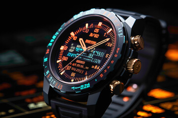 Wall Mural - A high-resolution shot of a digital smartwatch with a stock market complication, bringing financial information to the wrist.