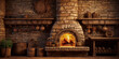 A cozy fireplace in a rustic stone cottage with cooking and eating utensils hanging on the walls.
