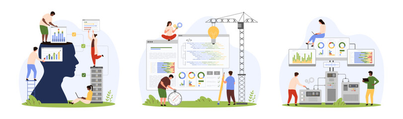 Wall Mural - backend development, coding, software engineering and programming set. tiny people build program cod