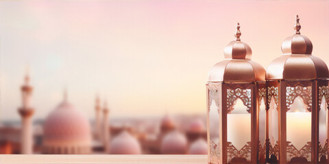 Ramadan Kareem greeting card with glowing lantern and blurred mosque background in pink