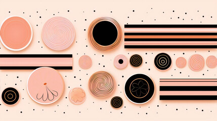 Abstract geometric shapes and circles in pink, black, and gold colors with a polka dot background.