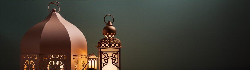 Ramadan Kareem greeting card with glowing lantern on dark green background