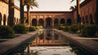 arabic courtyard with reflection pool and palm trees