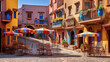 Colorful mediterranean street with vibrant buildings and cafe tables under rainbow umbrellas
