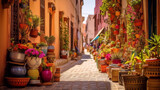 Fototapeta Fototapeta uliczki - Colorful pots with flowers and plants line a narrow street in a sunny town