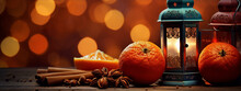 Still Life Photography Of A Lantern, Oranges, Cinnamon Sticks, And Anise On A Wooden Table With A Blurred Background Of Bokeh Lights In Warm Colors.