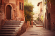 Charming narrow street in Italy with stone steps, brick buildings and bright sunlight