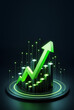 3D style backdrop, market trend, investment growth, green dynamic glowing arrows up on black background