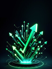 Wall Mural - 3D style backdrop, market trend, investment growth, green dynamic glowing arrows up on black background