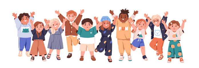 Happy children group. Cute diverse cheerful kids celebrating with hands up. Joyful excited kindergarten friends, little girls and boys. Flat graphic vector illustration isolated on white background