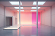 Pink and white geometric shapes and room rendered in 3D.