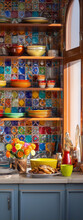 Vibrant Kitchen Scene Featuring Colorful Mexican Talavera Tiles, Pottery, And Flowers
