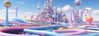 Whimsical 3D rendering of a colorful and surreal cityscape with pastel colors and a blue sky.