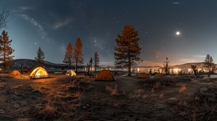 Wall Mural - Serene night camping under a starlit sky beside a lake