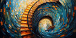 Oil painting of a spiraling staircase with warm light at the bottom in cool toned surroundings.