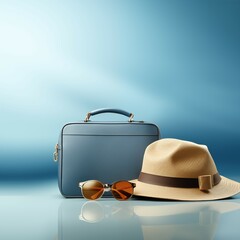 hat and sunglasses and bag on soft blue background in travel design