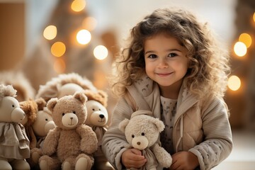 Cute child in a doll outfit with dolls on white living room background