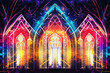 Stained glass church windows, bright colors, glowing light rays, symmetrical, intricate, delicate, ornate, Gothic architecture.
