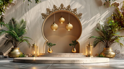 Poster - ramadan, eid al adha, eid al fitr or fitri, muharam banner copy space with cylinder podium, steps, arabic lanterns, golden lamps, ornaments, indoor palm plants in pot and foliage against white wall.