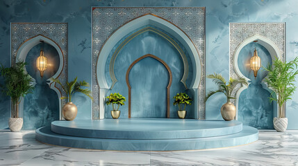 blue Islamic display podium decoration background with islamic ornament lamp and plants in pots for ramadan, eid al adha, eid al fitr or fitri, muharam. 