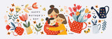 Fototapeta Kosmos - Happy Mother's Day. Vector cute illustrations of mother, grandmother and daughter hugging, watering can with tulip flowers, leaf for greeting card, poster or background