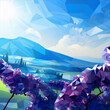 Low poly landscape with mountains and blooming wisteria flowers in blue and purple colors.