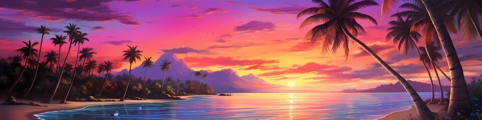 At the edge of paradise, a pristine beach bathes in the warm light of the setting sun. The sky is a canvas of pastel colors, reflecting in the gentle waves that kiss the shore. 