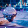 Business growth predictions with a crystal ball amidst financial charts and currency signs