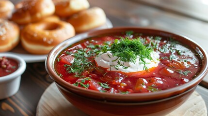 Wall Mural - Borscht with sour cream and dill in a plate. Nearby there are donuts and lard. Generated by artificial intelligence.