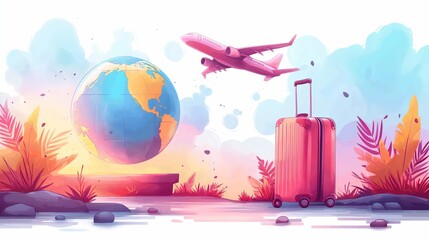 Wall Mural - Travel illustration with airplane, Earth globe world map and suitcase cartoon voyaj