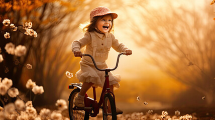 Wall Mural - A little girl in a white dress rides a bicycle in the park.