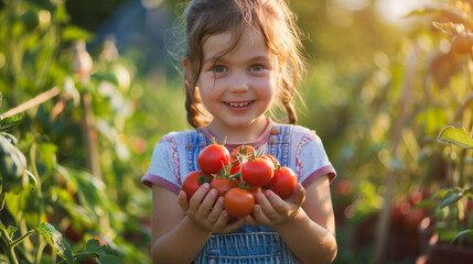 Canvas Print - Cute little girl harvest tomatoes in the backyard garden where her family growing food