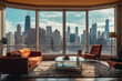Chicago penthouse living room or office minimalistic interior design, floor to ceiling windows with downtown scenic cityscape on sunny day, sun warm light