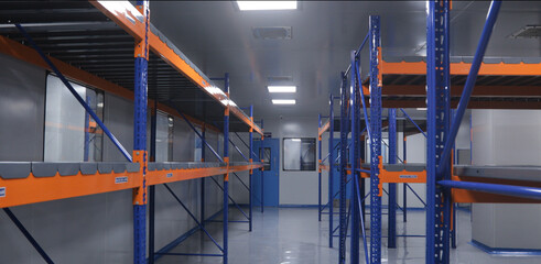 Empty warehouse area cleanroom with colored racks for storage and epoxy flooring in a pharmaceutical manufacturing factory for active pharma ingredients, speciality chemicals, hazardous chemical