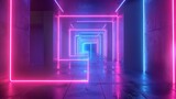 Fototapeta Do przedpokoju - 3d render, glowing lines, tunnel, neon lights, virtual reality, abstract background, square portal, arch, pink blue spectrum vibrant colors, laser show