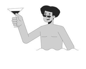 Man holding cocktail in pool black and white 2D line cartoon character. Hispanic male with glass in water isolated vector outline person. Poolside party fun monochromatic flat spot illustration