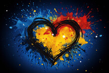 Colorful Heart Illustration, Paint Splatter, Blue, Yellow, Red