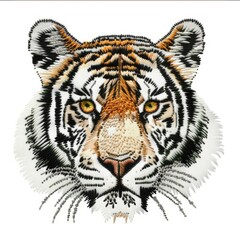 Wall Mural - A close up of a tiger's face on a white background Embroidery on white background