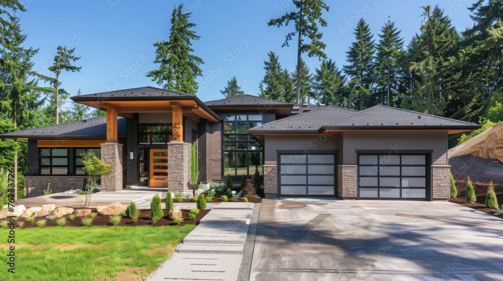 New construction home exterior with contemporary house plan features ...